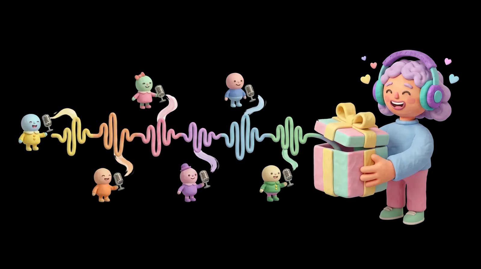 VoiceHug illustration showing play button, sound waves, and friendly faces