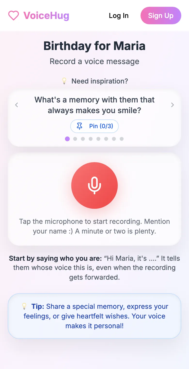 The page a contributor opens: "Birthday for Maria", a prompt about a favourite memory, and a microphone button.