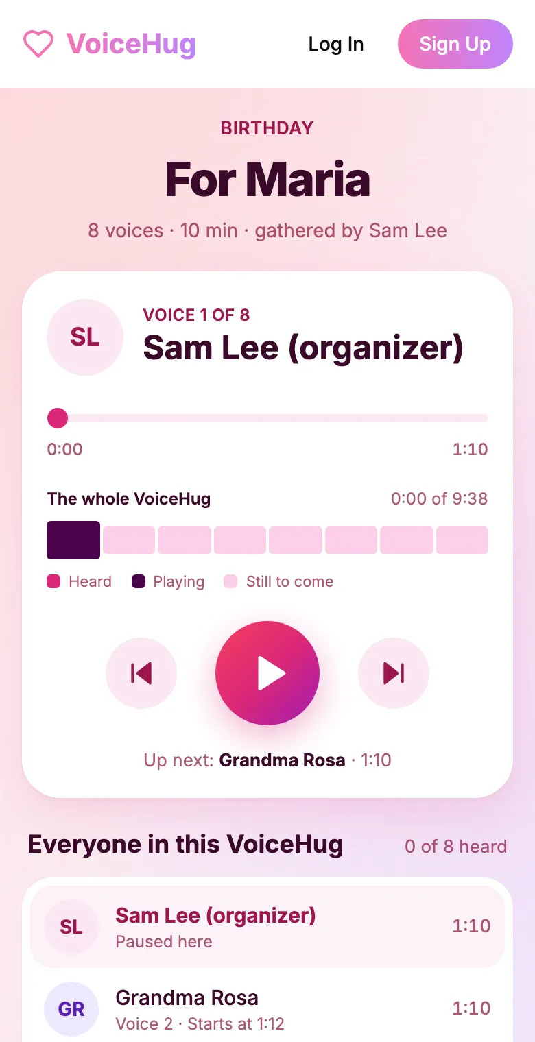 The gift page "For Maria": 8 voices, 10 minutes, a player and the list of everyone in it.