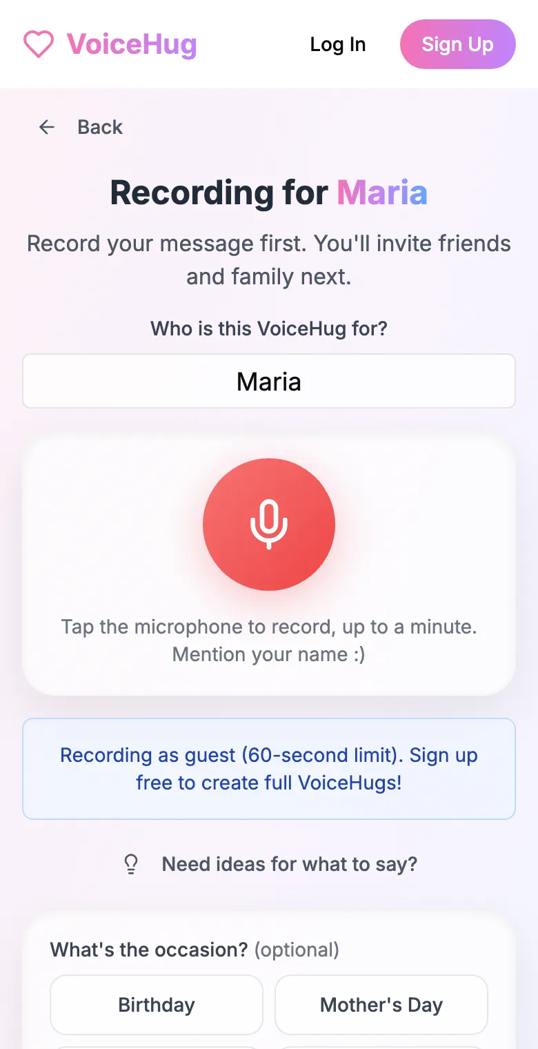 The VoiceHug start page on a phone: a box for who it is for and a red microphone button.
