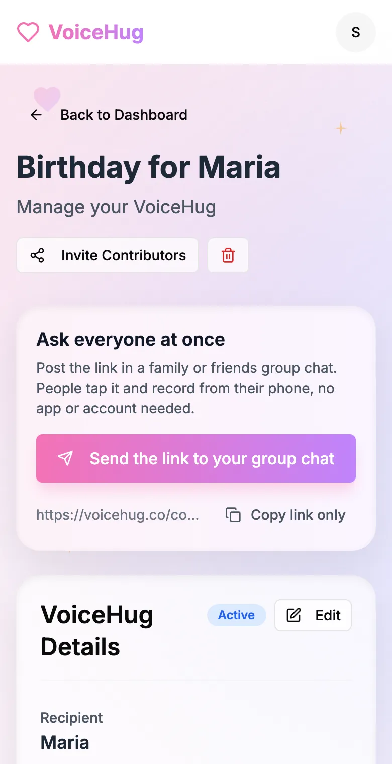 The organizer's page for "Birthday for Maria" with a button to send the link to a group chat.